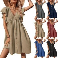 2022 summer new womens medium length skirt casual pleated v neck button fashion large dress