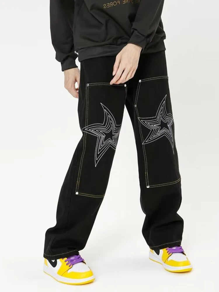 Latest Design Star Embroidery Straight Loose Fit Boyfriend Pants Pantalone Hombre Y2K Fashion Mid Rise Baggy Jeans for Men Denim