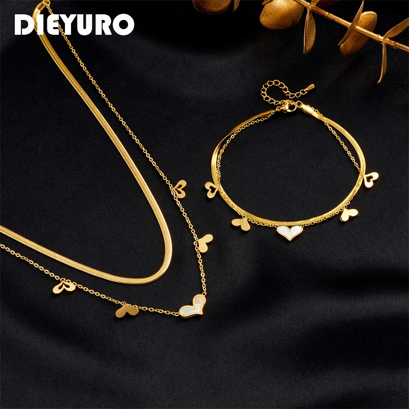

DIEYURO 316L Stainless Steel Heart Love Necklace Bracelets For Women Girl New 2in1 Chains Waterproof Jewelry Set Wedding Gifts