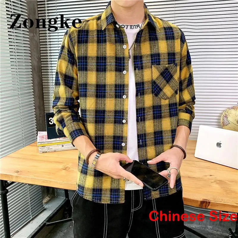 

Zongke Yellow Plaid Long Sleeve Shirts For Men Free Shipping White Shirts For Mans Chinese Size 4XL 2023 Spring New Arrivals