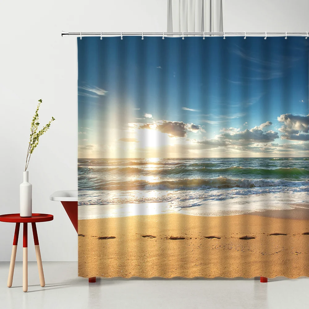 

Blue Sky Beach Shower Curtain Sunshine Beach Sea Plants Natural Scenery Waterproof Fabric Bathroom With Hooks Decor Bath Screen