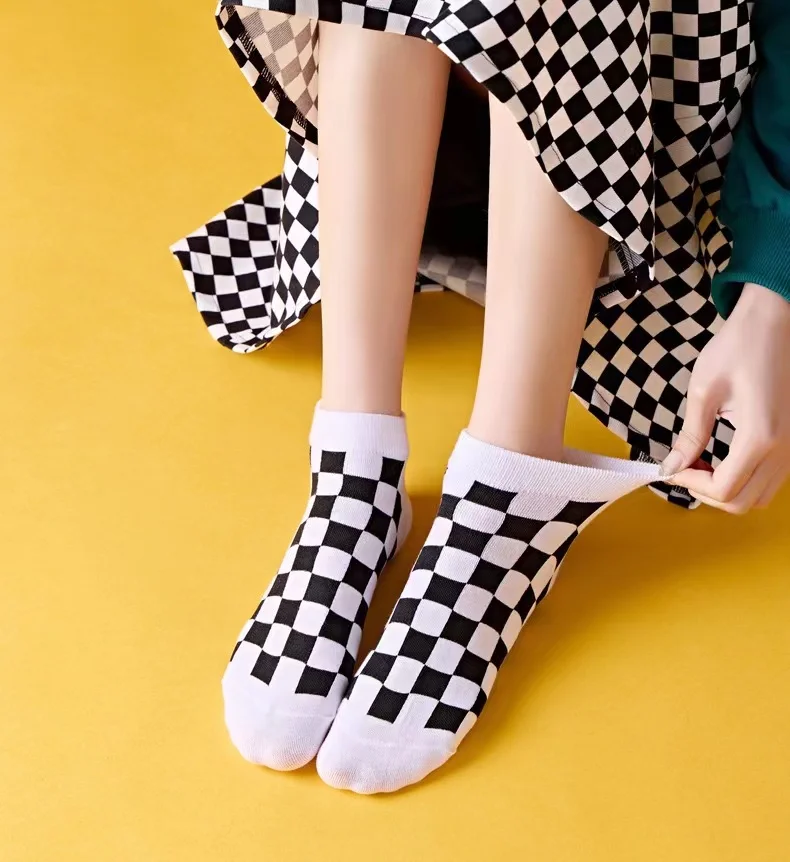 Checkered cotton socks women's boat Socks Student summer socks Elastic Breathable fashion socks