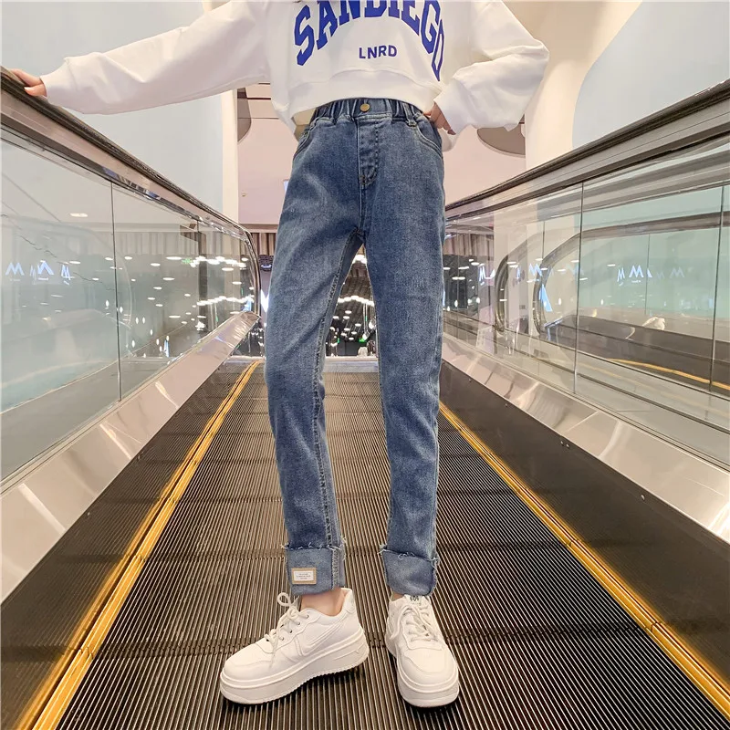

Spring Summer New Blue Jeans Girls Korean Simple All-match High Waist Rolled Jeans for Big Kids Harlan Carrot Pants 5 To 14 Year