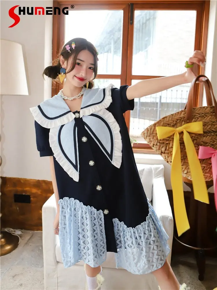 

Harajuku Ruffled Sailor Collar Midi Dress Female Students 2022 Summer Navy Blue Color Matching Shirt Dresses for Women 2022 New