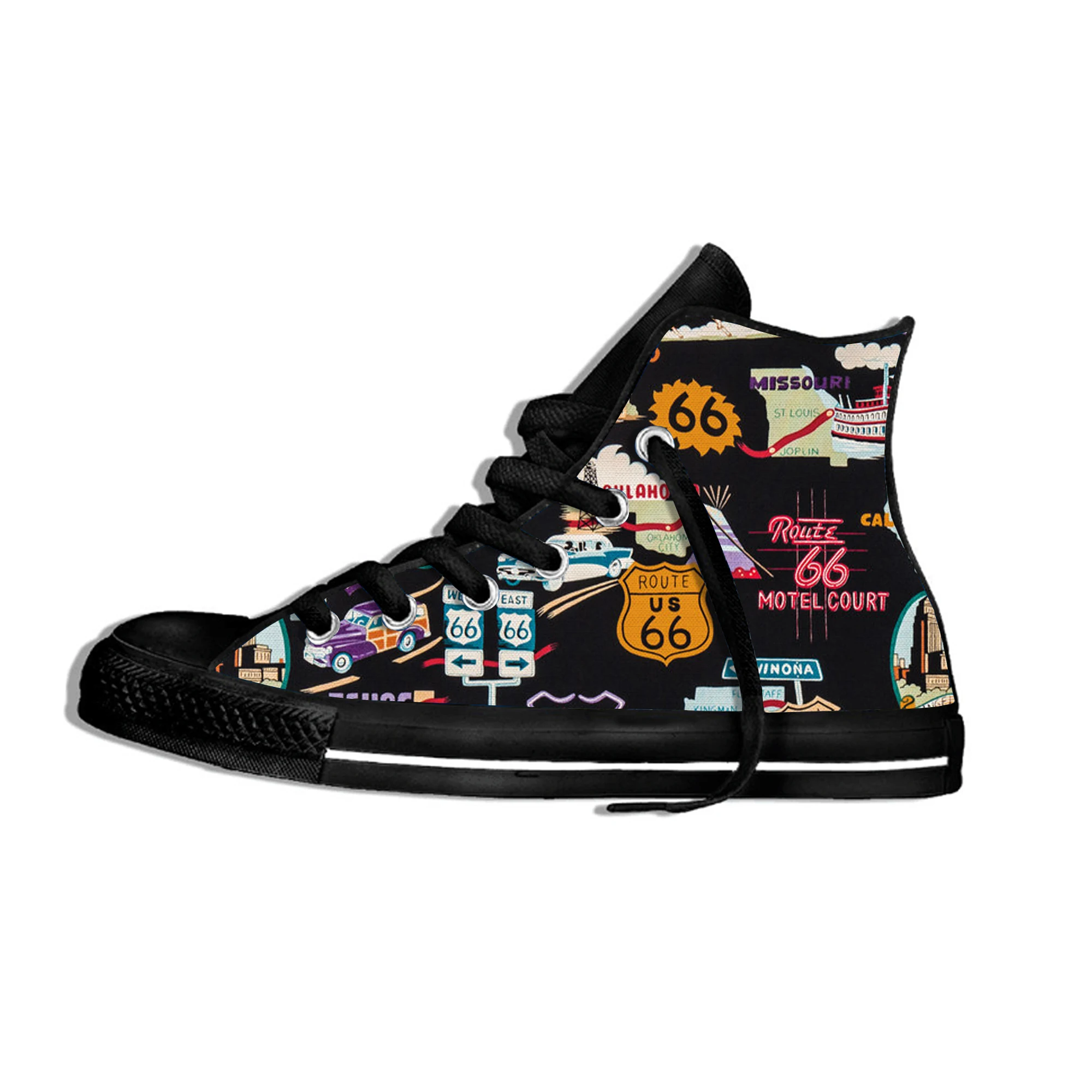 Hot Get Our Kicks on Route 66 Novelty Design Fashion Lightweight High Top Canvas Shoes Men Women Casual Breathable Sneakers