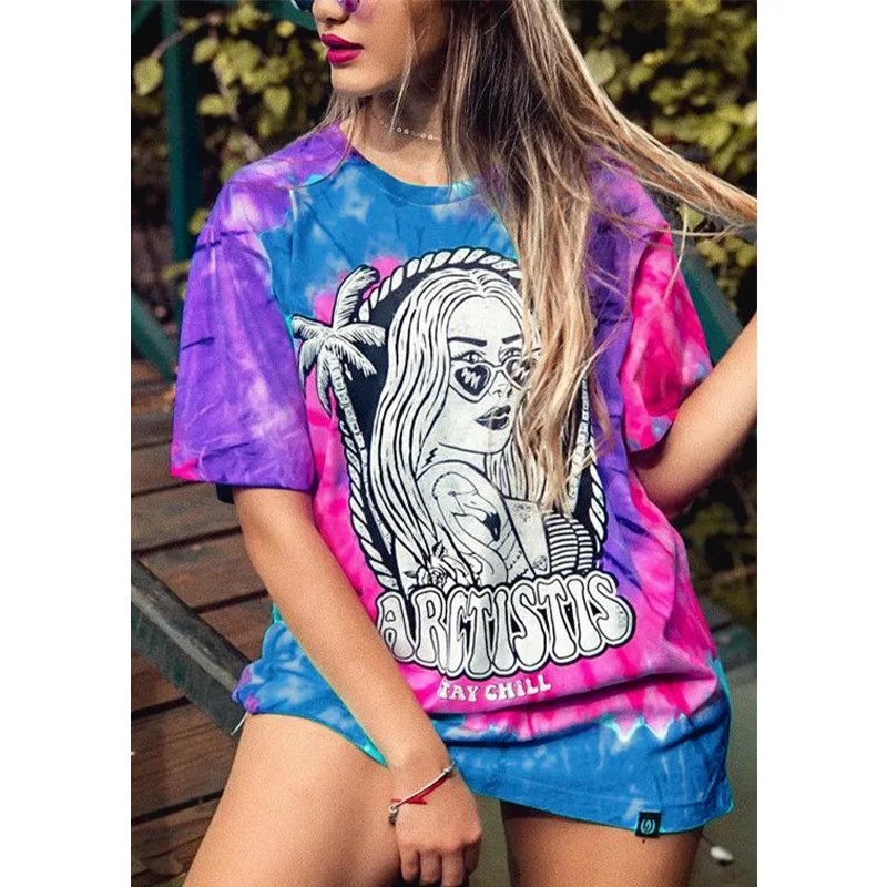 

Tie-dye Skull Print T-shirt Ladies Summer Cute Cartoon Letters Short-sleeved O-neck Graphic Oversized Casual Loose T-shirt Top