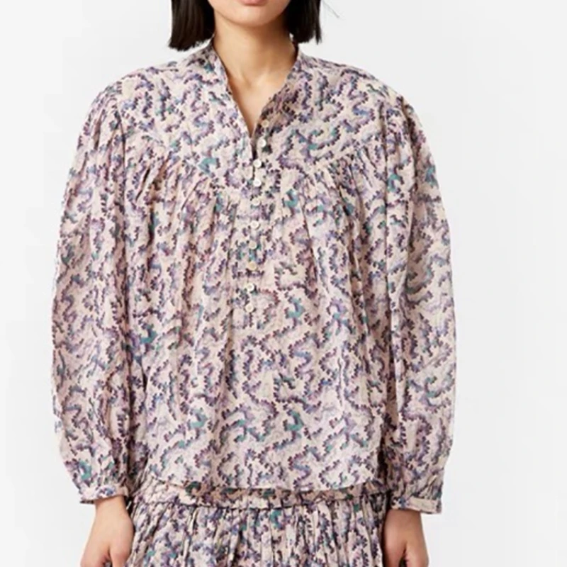 Women Retro Print Cotton Shirt tops Long Lantern Sleeve O-neck Loose fashion Female Blouse