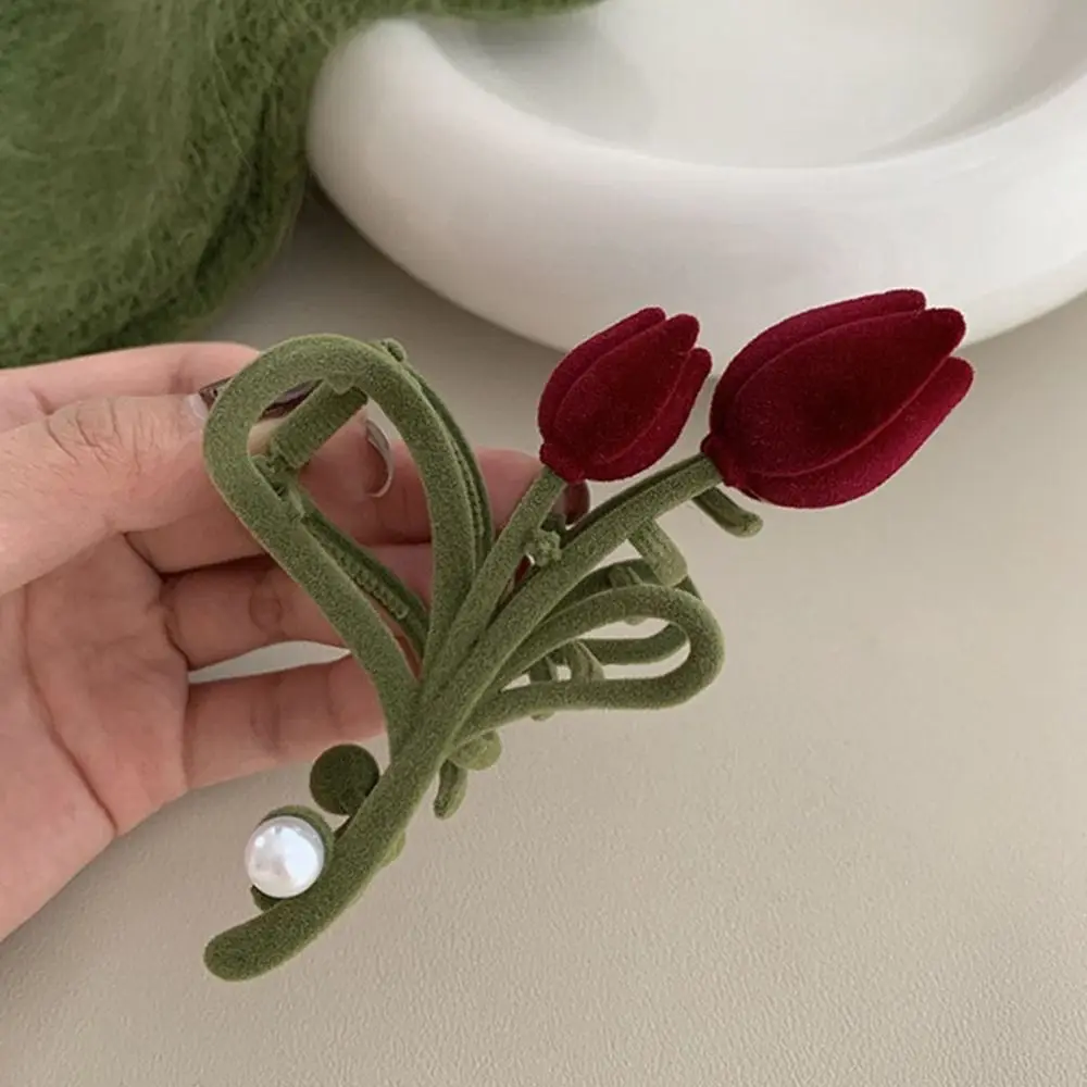 

Flower Large Grab Clip Small Hairpin Female Hair Accessories Red Velvet Hair Claw Korean Style Headwear Tulip Hair Clip