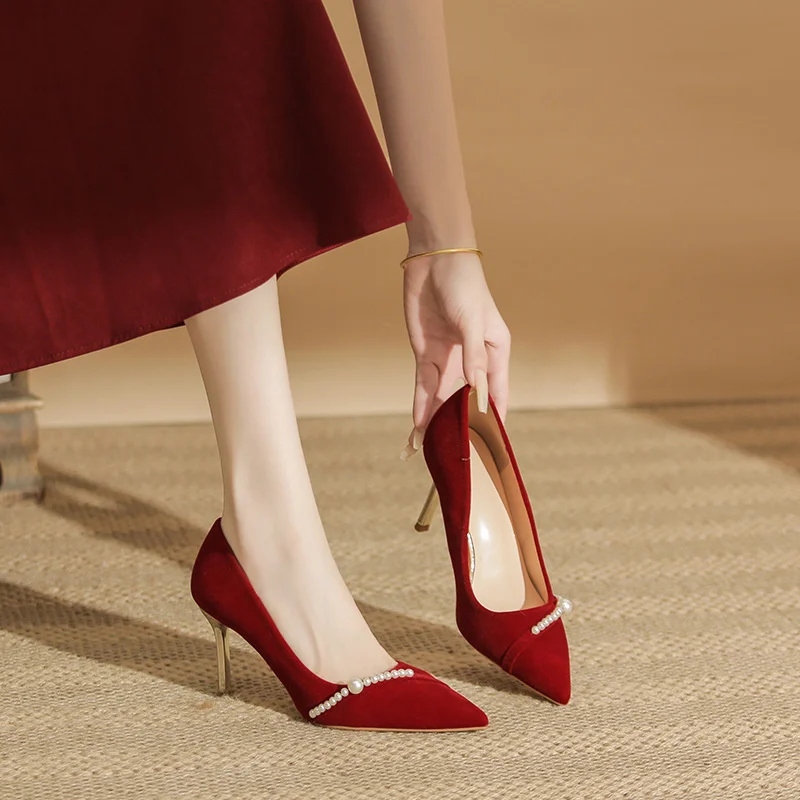 Винно-красные свадебные туфли новинка замшевые тканевые в китайском стиле с