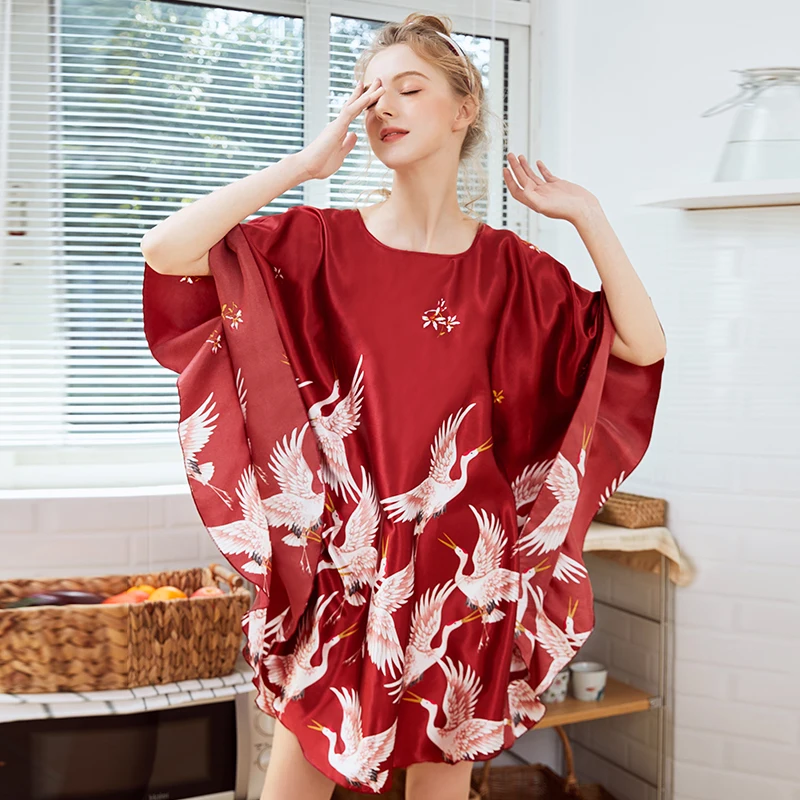 

Wasteheart Women Fashion Red Blue Sexy Mini Nightdress Faux Silk Night Sleepwear Sleepshirt Nightgown Printed Bath