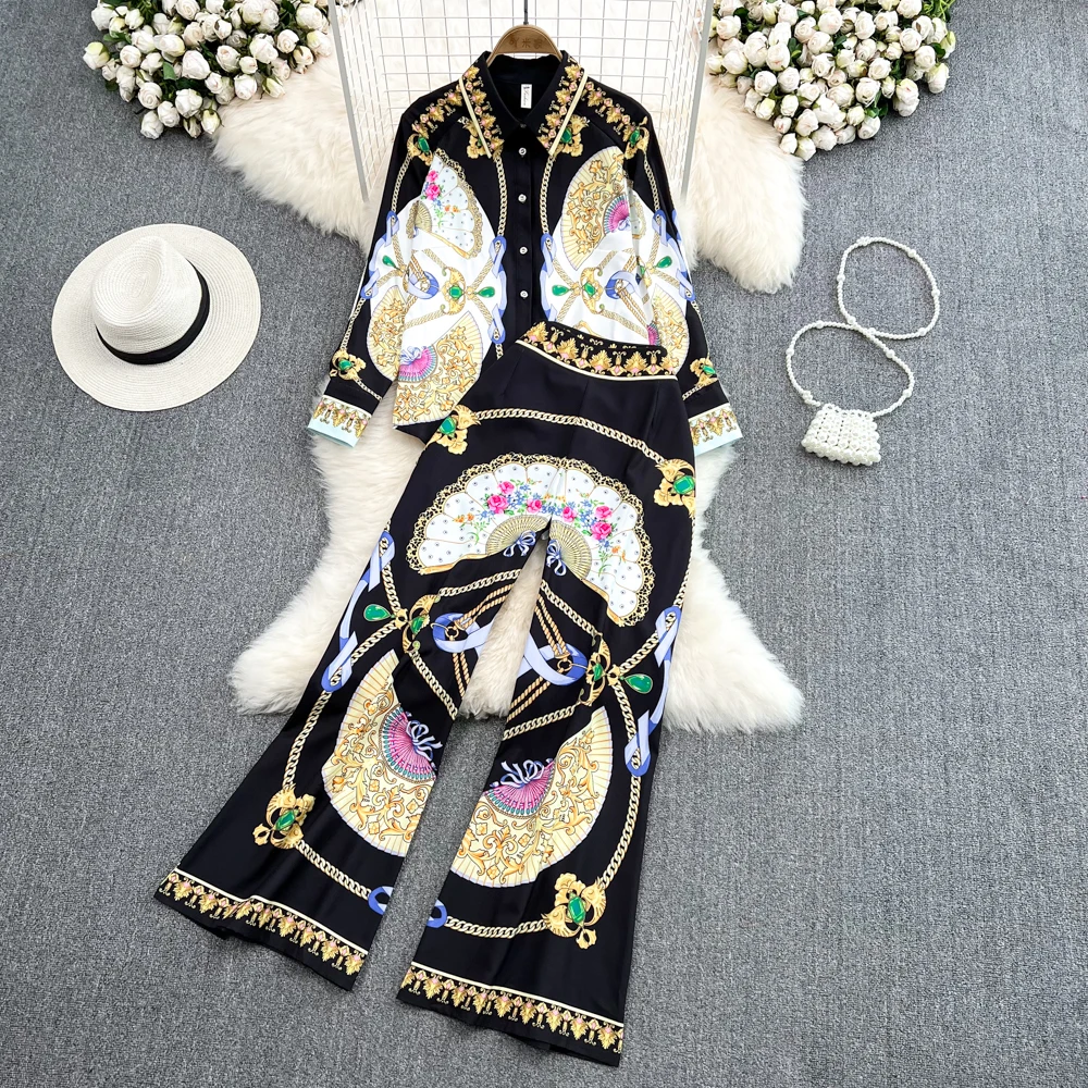 

Женский модный костюм, Повседневная яркая однобортная рубашка с принтом позиционирования, длинные брюки из двух частей с высокой талией и широкими штанинами