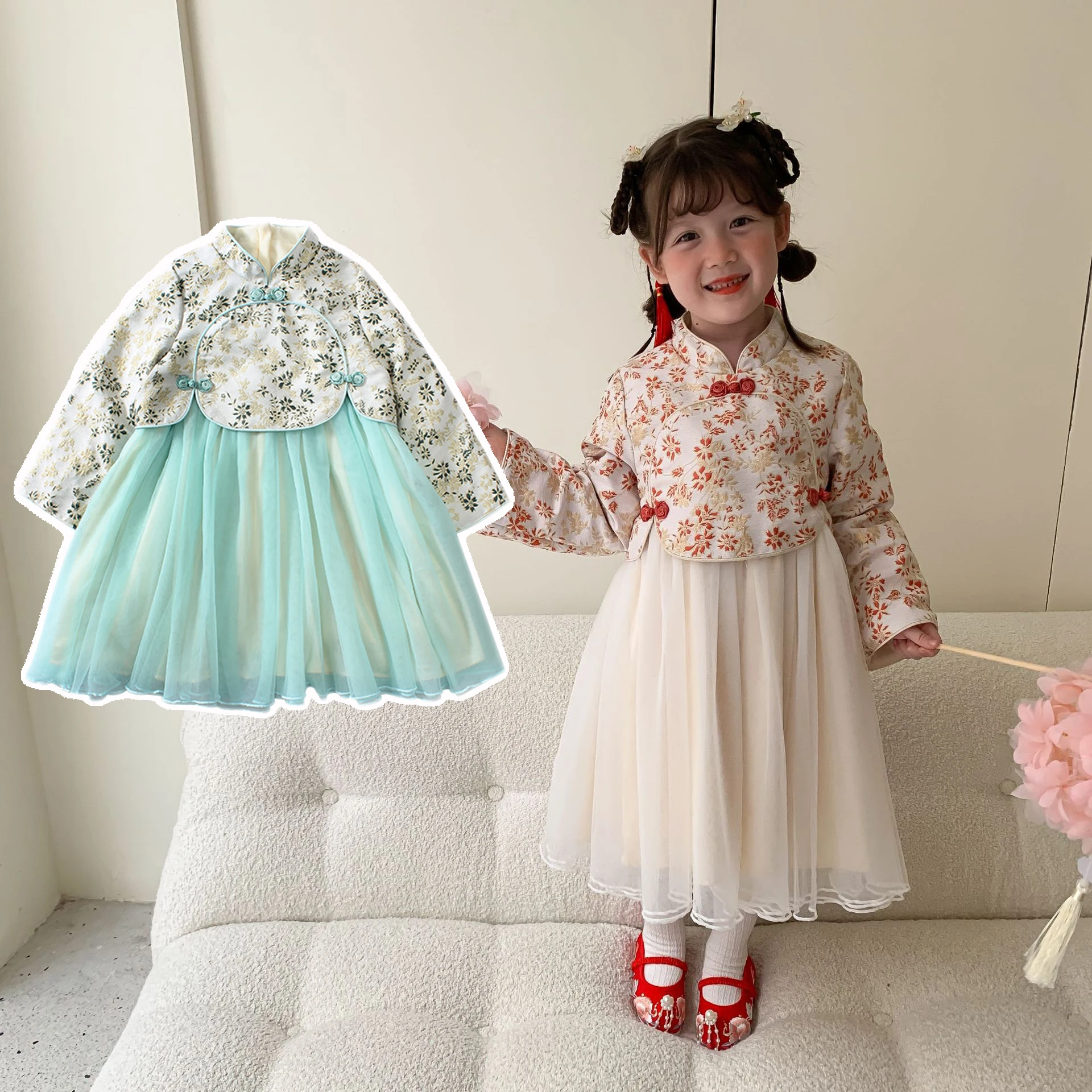 

Chinese Traditional Hanfu For Girls Kids Tang Suit New Year Outfitt Veil Dress Scarf Princess Cotton Long Sleeve Pink Green