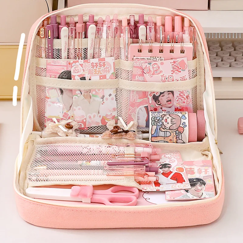 Large Capacity Pencil Bag Pink Aesthetic School Pencil Box Stationery Supplies Pen Case Zipper Pencil Pouch School Supplies