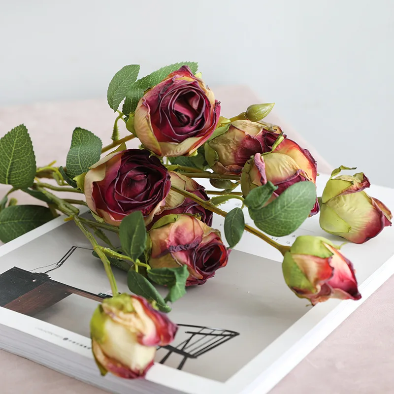 

Simulation Silk Flower Arrangement Burnt Edge Artificial Rose Branch Wedding Photography Bouquet Home Garden Fake Flower Decor