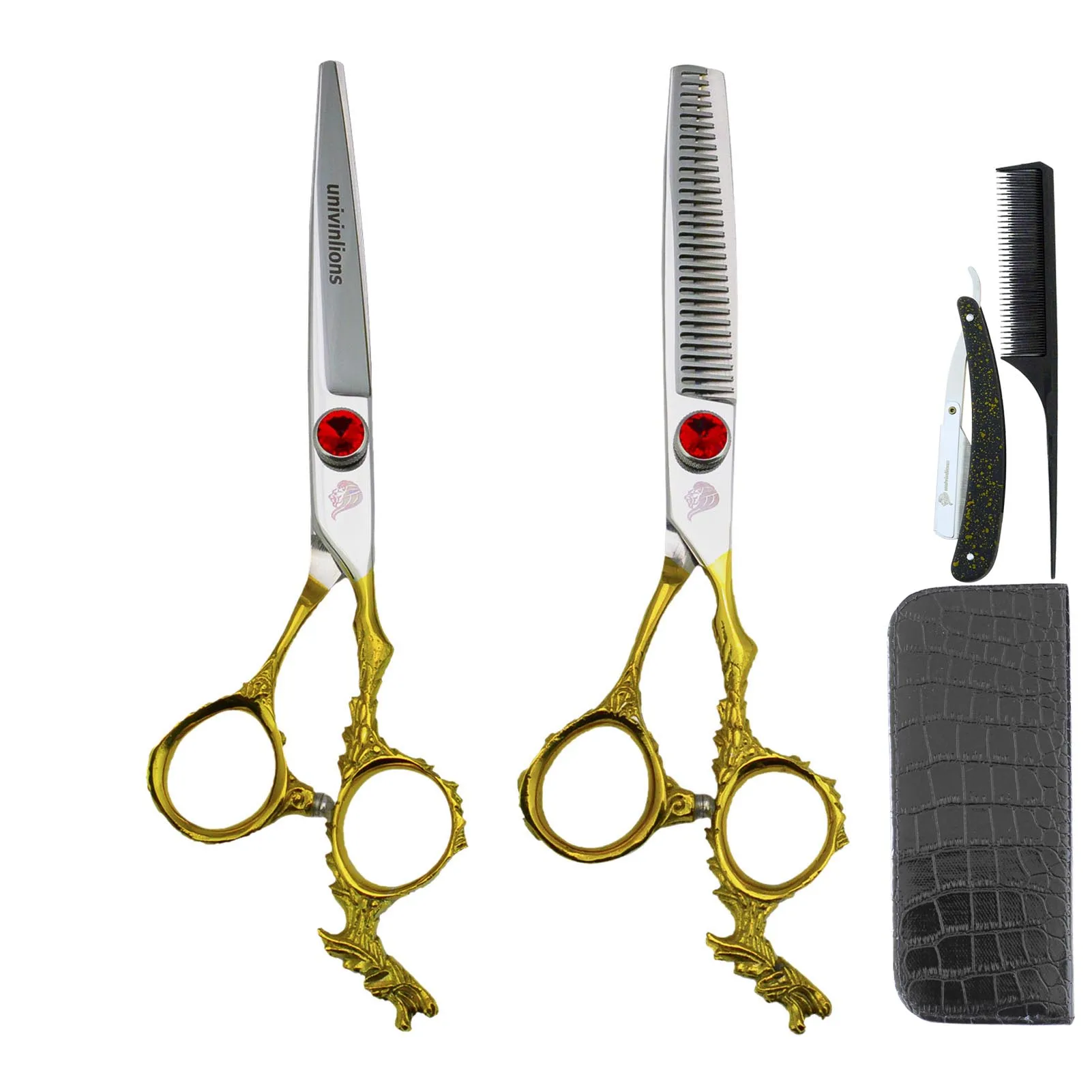 

Univinlions 6" Gold Salon Hairstyling Tools Professional Hairdressing Scissors Kit Thinning Shears Razor Comb Barber Accessories