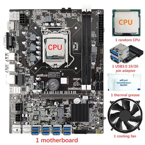 Материнская плата B75 8 GPU BTC/ETH для майнинга + ЦП + вентилятор + термопаста + USB3.0 19/20 Pin адаптер 8 USB3.0 слот LGA1155 DDR3 SATA3.0