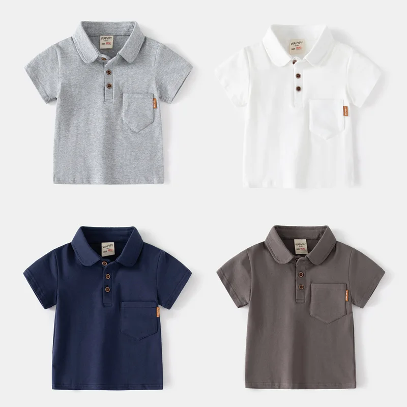 

Boys T Shirts 2023 Summer New Children's Solid Turn Down Collar BaseBall Tees Sports Kids Boy Cotton Pocket Short Sleeve T-Shirt