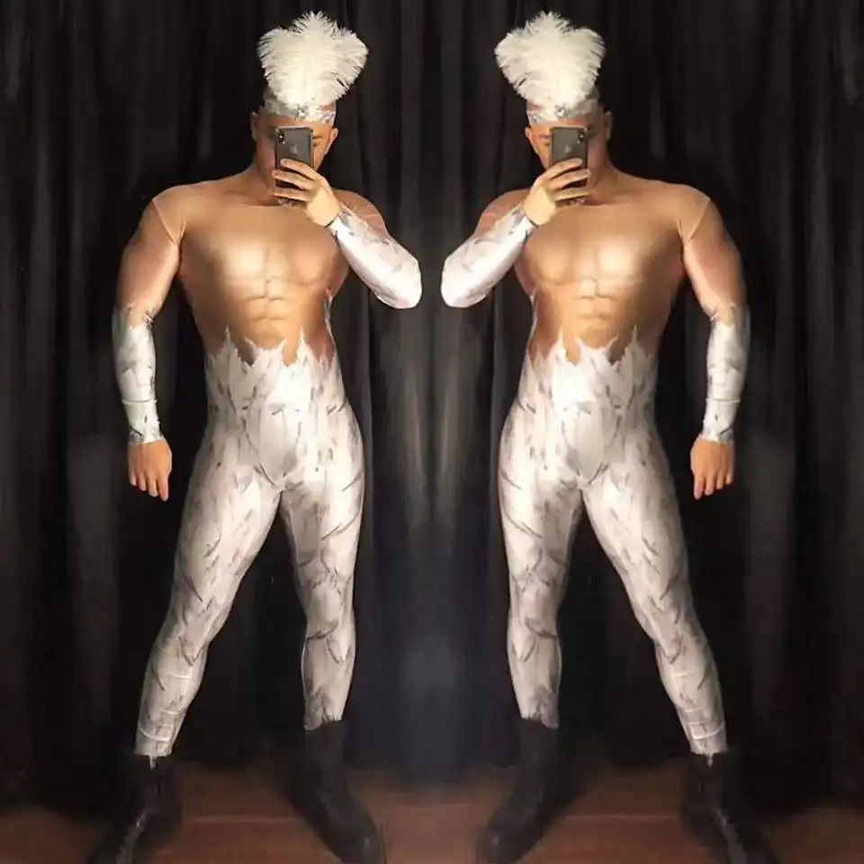 Блестящие комбинезоны, сексуальный костюм для мужчин, блестящий женский комбинезон с принтом в виде перьев, одежда для празднования, одежда для сцены