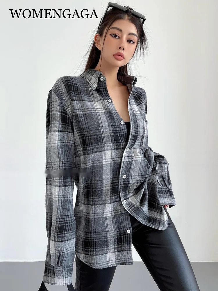 

Женская свободная рубашка в американском стиле, серая рубашка в клетку с длинным рукавом, модная Женская Корейская рубашка в стиле ретро, ве...
