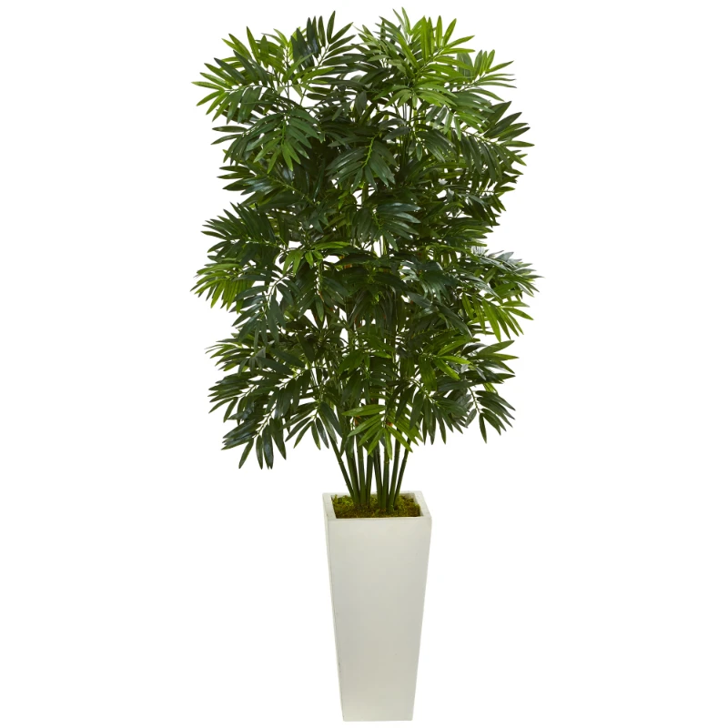 

49" Mini Bamboo Palm Artificial Plant in White Tower Planter, Green