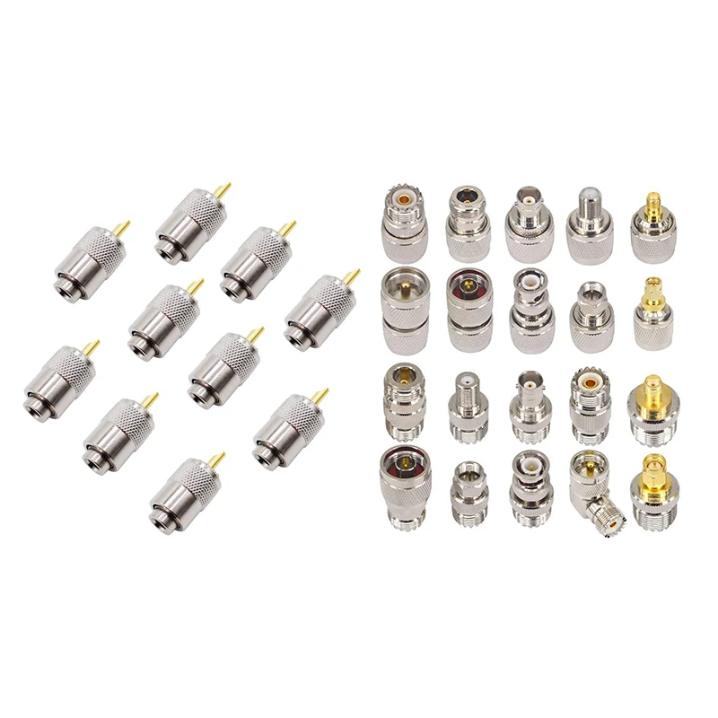 

Best 10PCS RF Connector UHF Male Connector RG8 RG58 Cable Lug Antenna Connector PL259 & 20PCS RF Coaxial Connector Kit