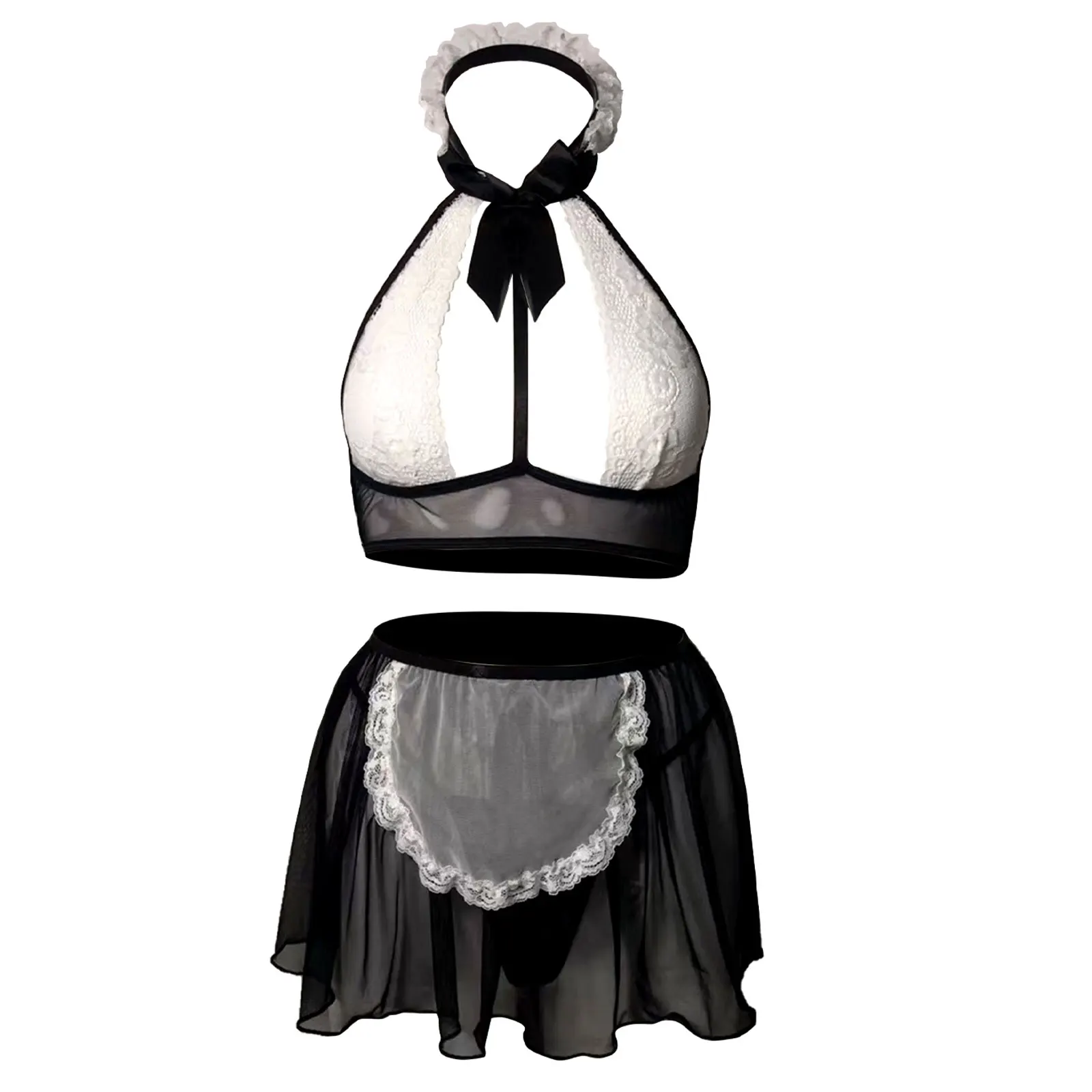 

Женский блестящий костюм горничной, кружевной бюстгальтер с бантом и лямкой на шее, топы, прозрачная сетчатая мини-юбка, стринги с низкой по...