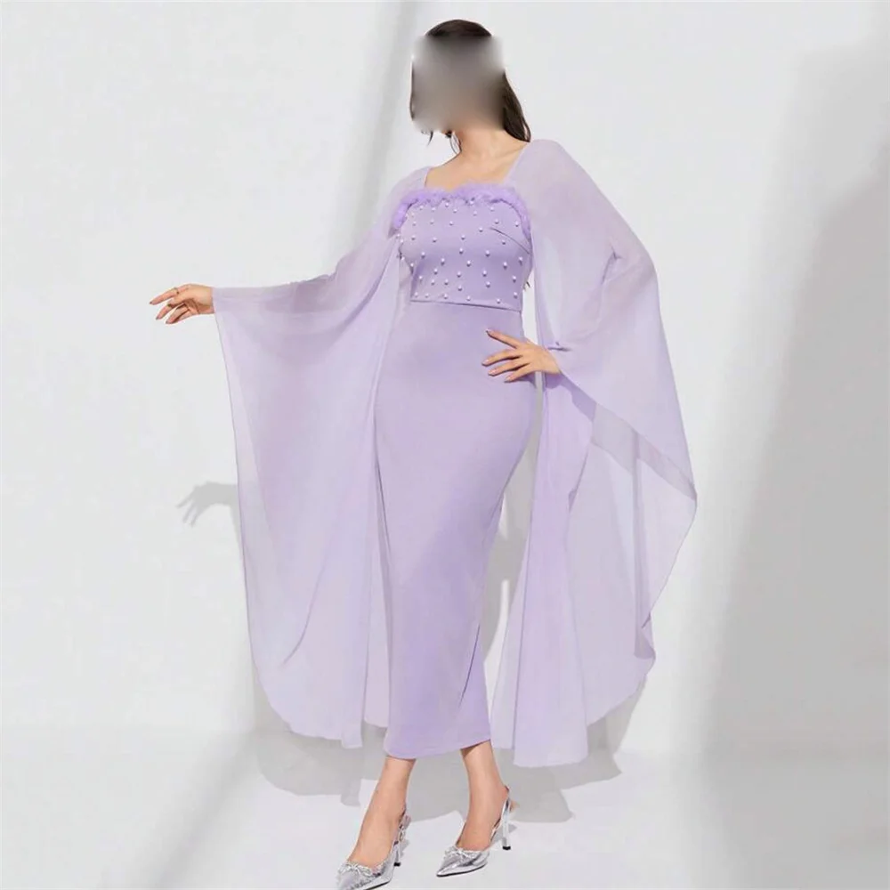 

MINGLAN Fashion Square Neck Full Sleeve Pleat Feathers Beading Mermaid Evening Dress Ankle Length Sweep Train Elegant Prom Gown
