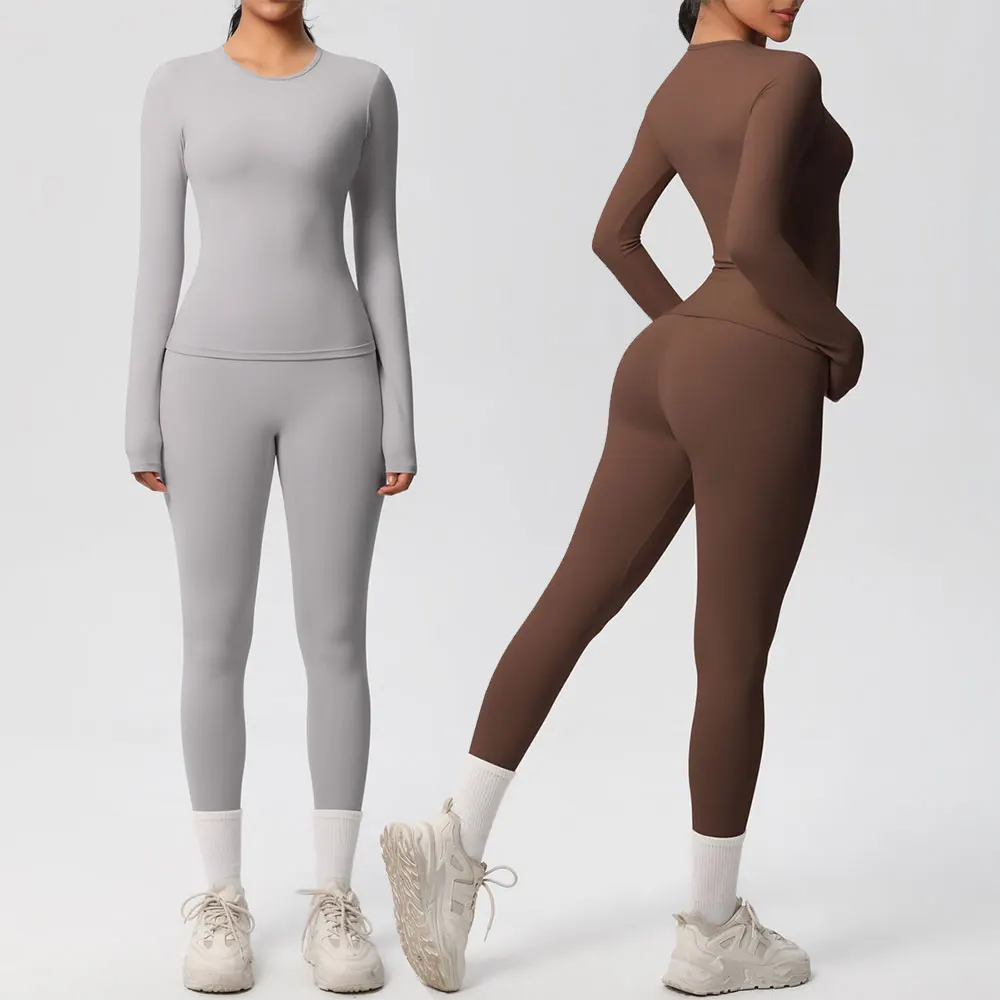 Фото JUREN 2PCS Спортивный костюм для йоги, женский спортивный комплект, женский тренажерный костюм, спортивная одежда для бега и тренировок, футболка с длинным рукавом, одежда для йоги. №1