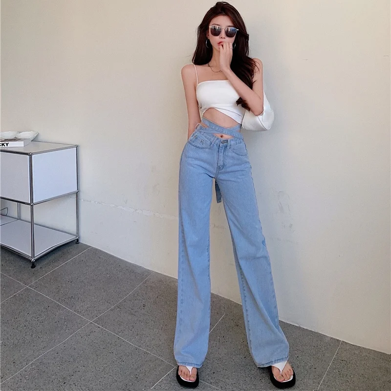High Waist Jeans Korean Women Vintage Washed Wide-leg Pants Fashion Cross Lace-up Streetwear Blue Lady Denim Trousers Classic