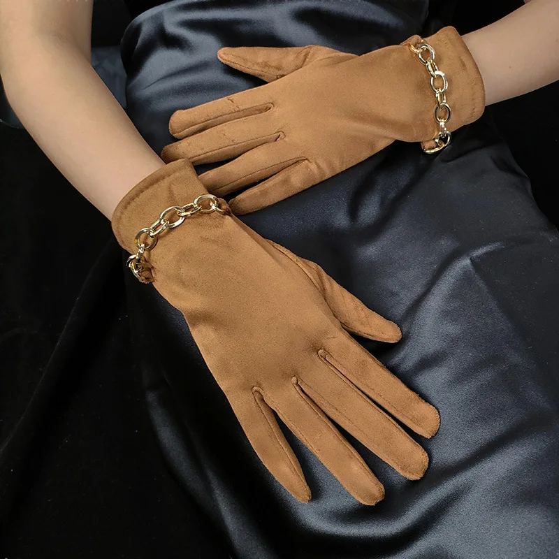

Vintage Windproof Gloves Women Winter Full Finger Hand Warmer Suede Glove Metal Chain Female Young Cycling Fashion Elegant Glove