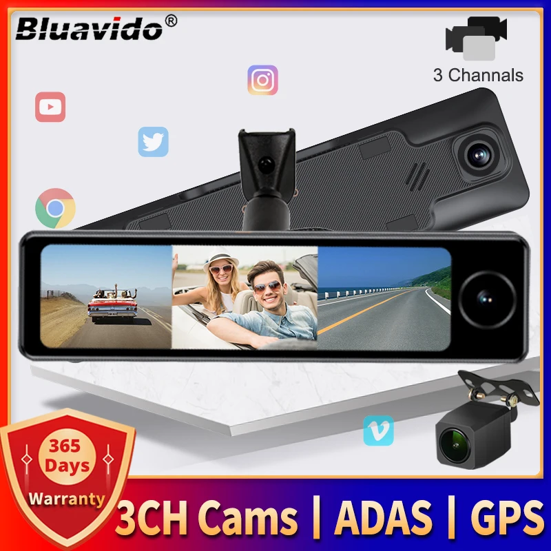 

Bluavido 3 Cameras 4G Android 10.8" IPS Car Mirror Video Recorder GPS ADAS 2G RAM 32G ROM FHD 1080P Dashcam Rear View Mirror DVR