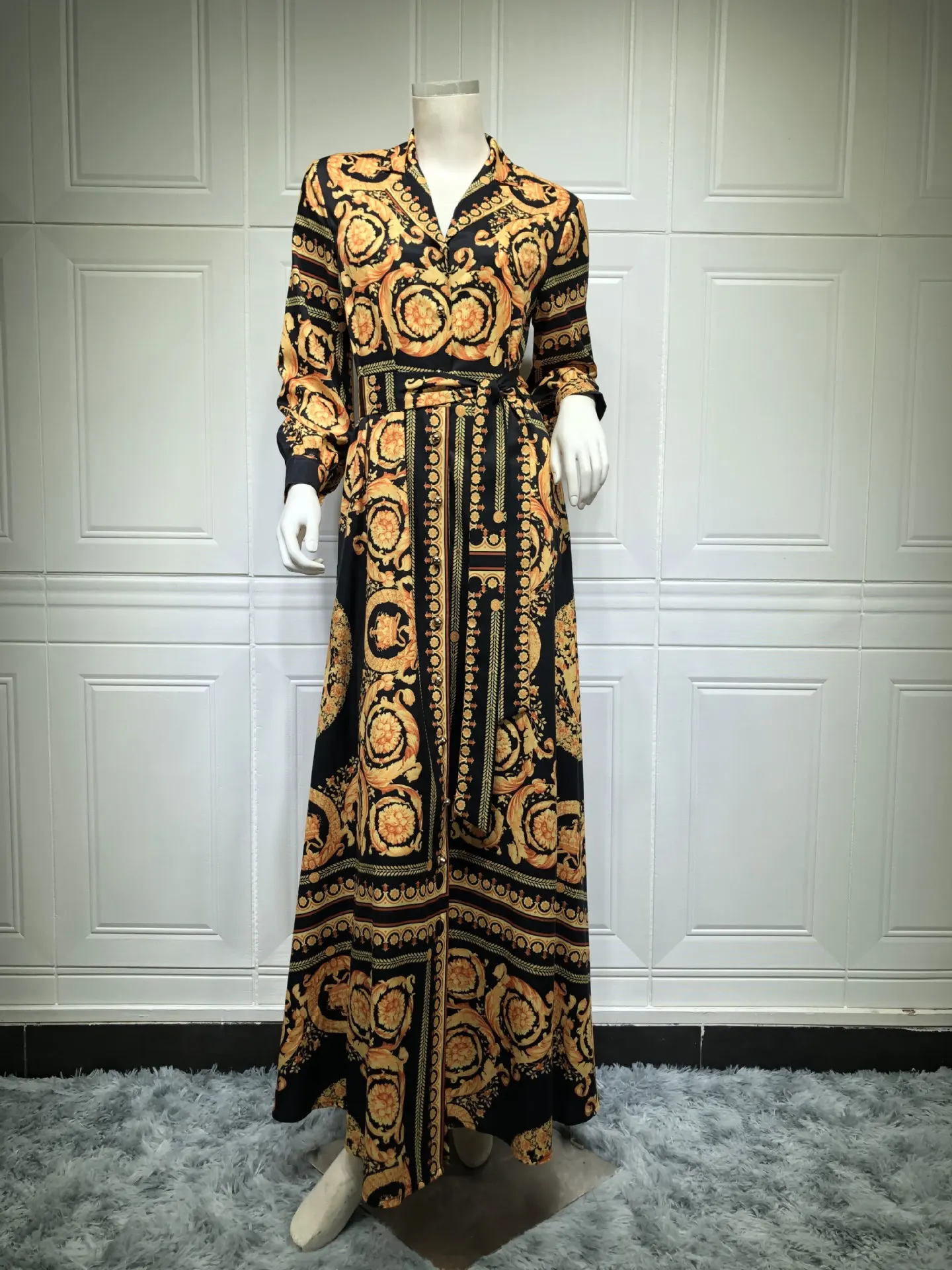 

Spring Muslim Dress Women Print Maxi Vestidos India Dubai Arabic Abaya Turkey Eid Kaftan Gown Robe Musulman Shirt Long Dresses