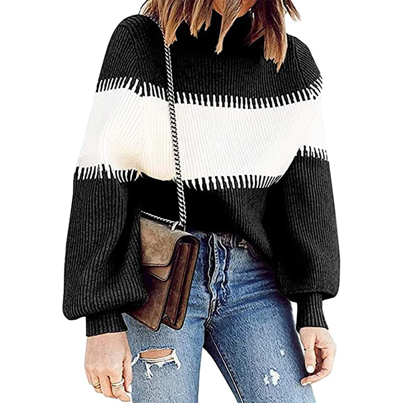 Loose High Neck Sweater Knitted Warm Loose Sweatshirt Women'S Retro Cute Round Neck Pullover