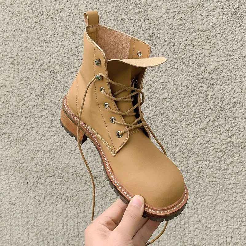 

Womans New Motorcycle Boots Leather British Style Square Heel Round Toe Lace Up Winter Zapatos De Mujer Plataforma