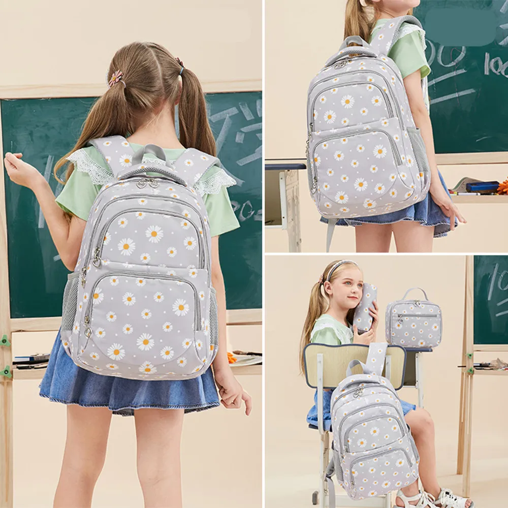 Girls Backpacks Cute Daisy Printing Elementary School Bag Grey Princess Back Pack with Lunch Case Kids Casual Daypack Satchels