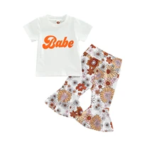 toddler baby girls clothing flare pants outfits short sleeve letter printed t shirts elastic flower printed pants casual set