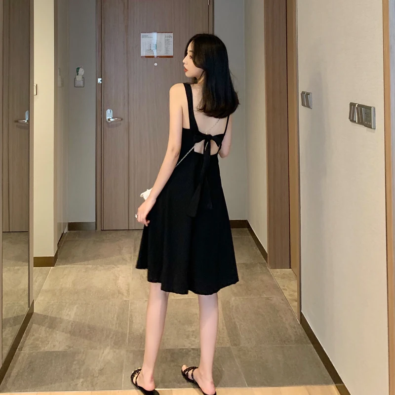 

Summer Women's Dress Loose Suspenders V-neck Solid Color Beach Beautiful Back Sleeveless Female Clothing Movafag