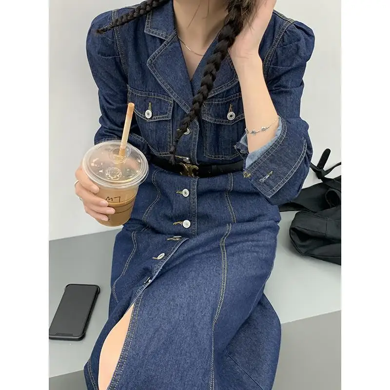 

Lapel Denim Dress Autumn New Slim Temperament Single-breasted Long-sleeved Mid-length Dress Women's Fashion Comfortable Cotton