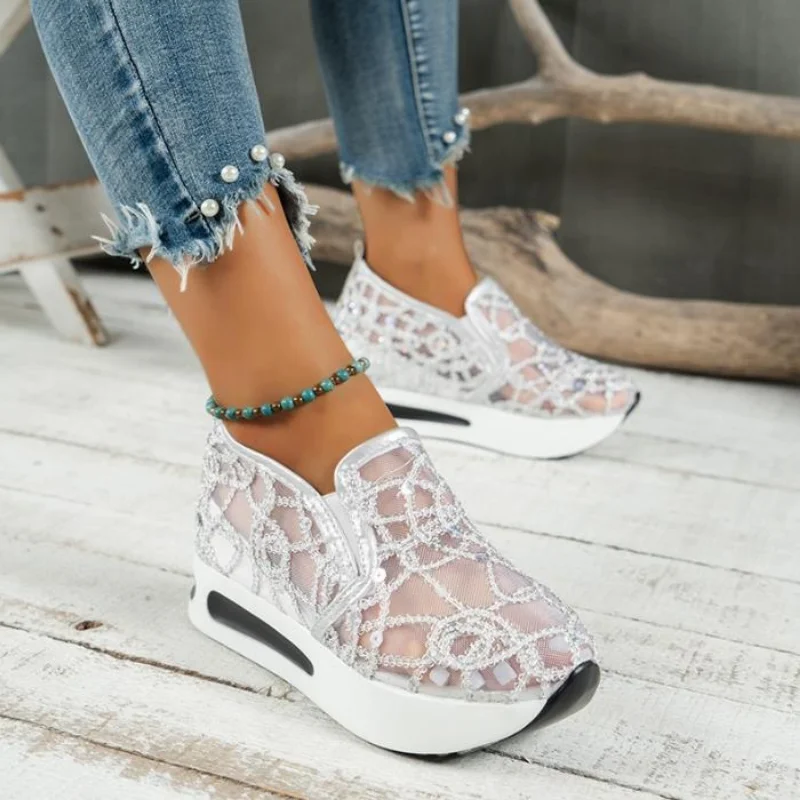 

Мюли женские на высоком каблуке, блестящие дышащие повседневные туфли на платформе, железная обувь на каблуке с шипами, сетчатые сланцы, искусственная кожа 42