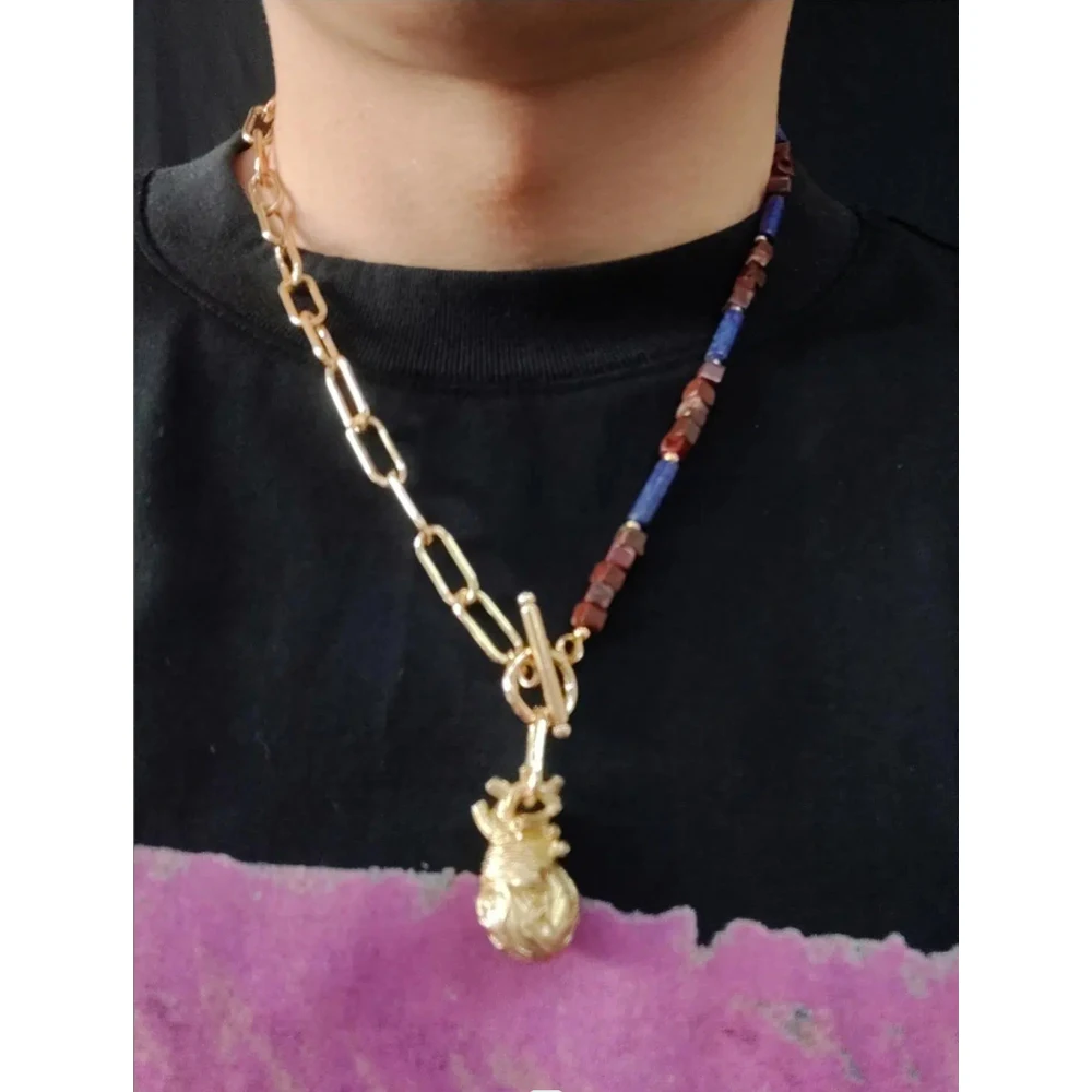 

Золотая подвеска в виде сердца в американском уличном стиле ручной работы, Мужская костная цепочка в стиле хип-хоп, рок, ожерелье с дисковым ...