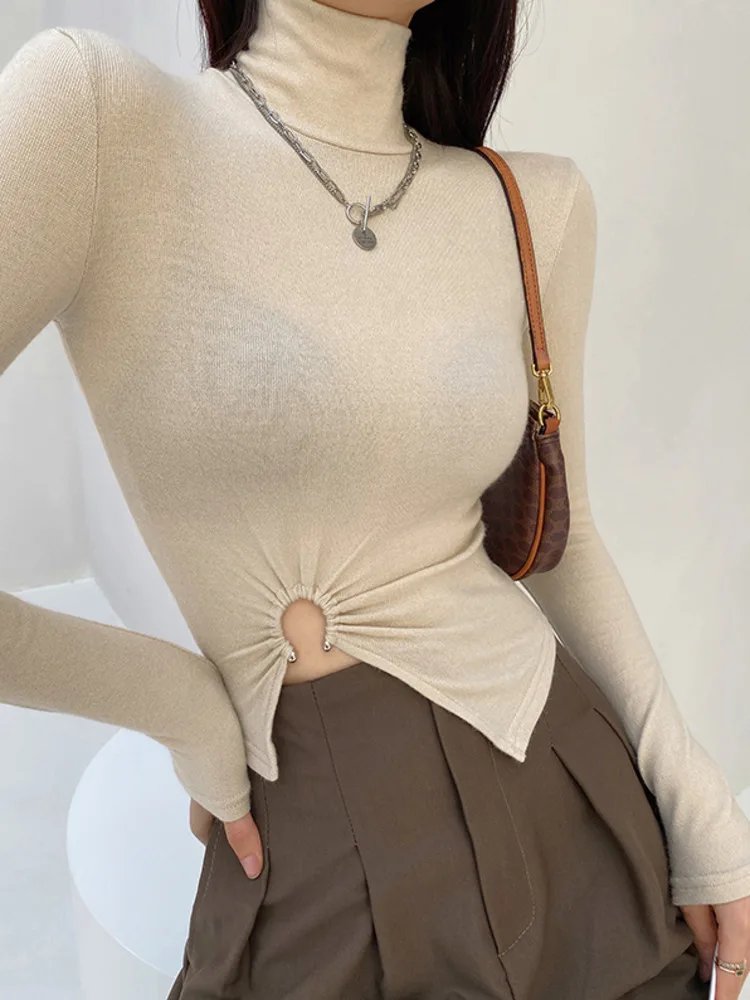 

WOMEGAGA Spring Autumn Sexy Hot Girl Lapel Long Sleeve Thin Knit Sweater Solid Color Hollow Slim Hem Metal Buckle Women's SB1F