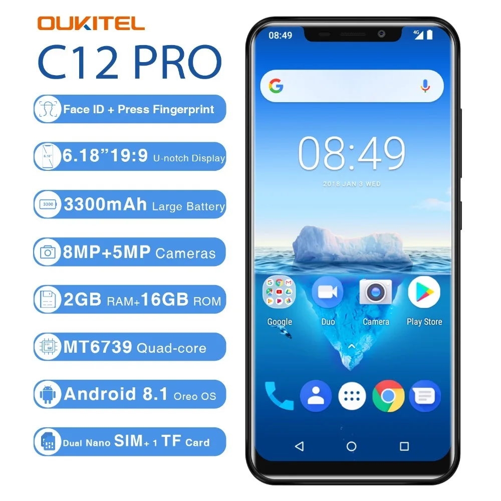 

OUKITEL C12 Pro 4G смартфон 2GB Оперативная память 16 Гб Встроенная память 6,18 "19:9 MT6739 4 ядра Android 8,1 8MP + 2MP Face ID 3300 мА/ч, отпечаток пальца