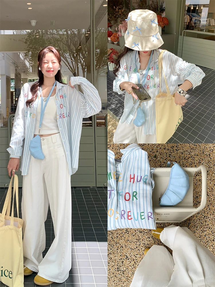 Zeng Xiaoxian морская соль кислород синий в полоску с буквенным принтом длинными