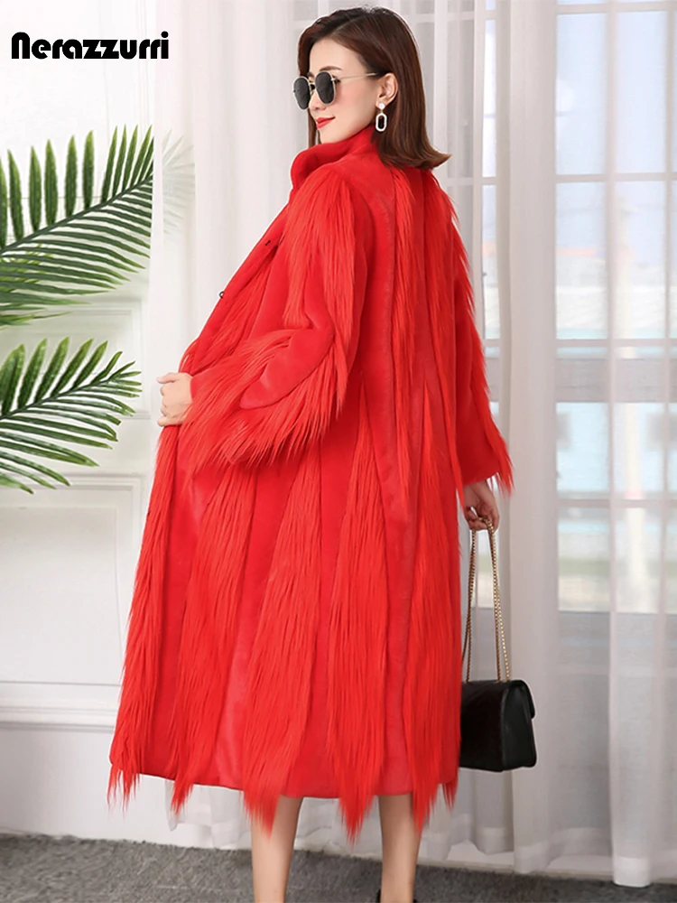

Nerazzurri Winter Bright Red Long Thick Warm Fluffy Hairy Patchwork Fur Coat Women Runway Elegant Luxury Stylish Fashion 2022