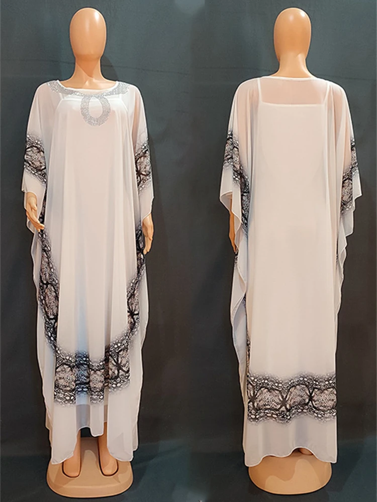 African Dashiki Print Dresses For Women Plus Size Chiffon Boubou With Inner Dress Muslim Dubai Abayas Turkey Wears Outfits