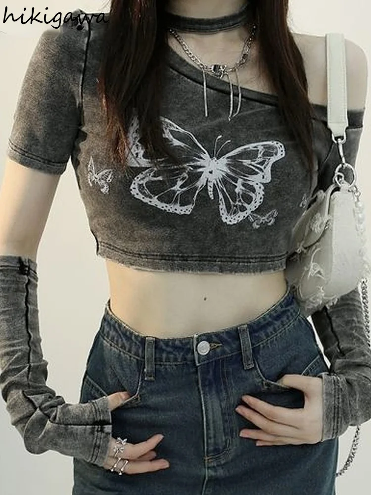 

Harajuku Crop Tops Y2K Clothing Shirts for Women Sexy Off Shoulder Tees Korean Irregular TShirt Summer Woman Halter T-Shirt