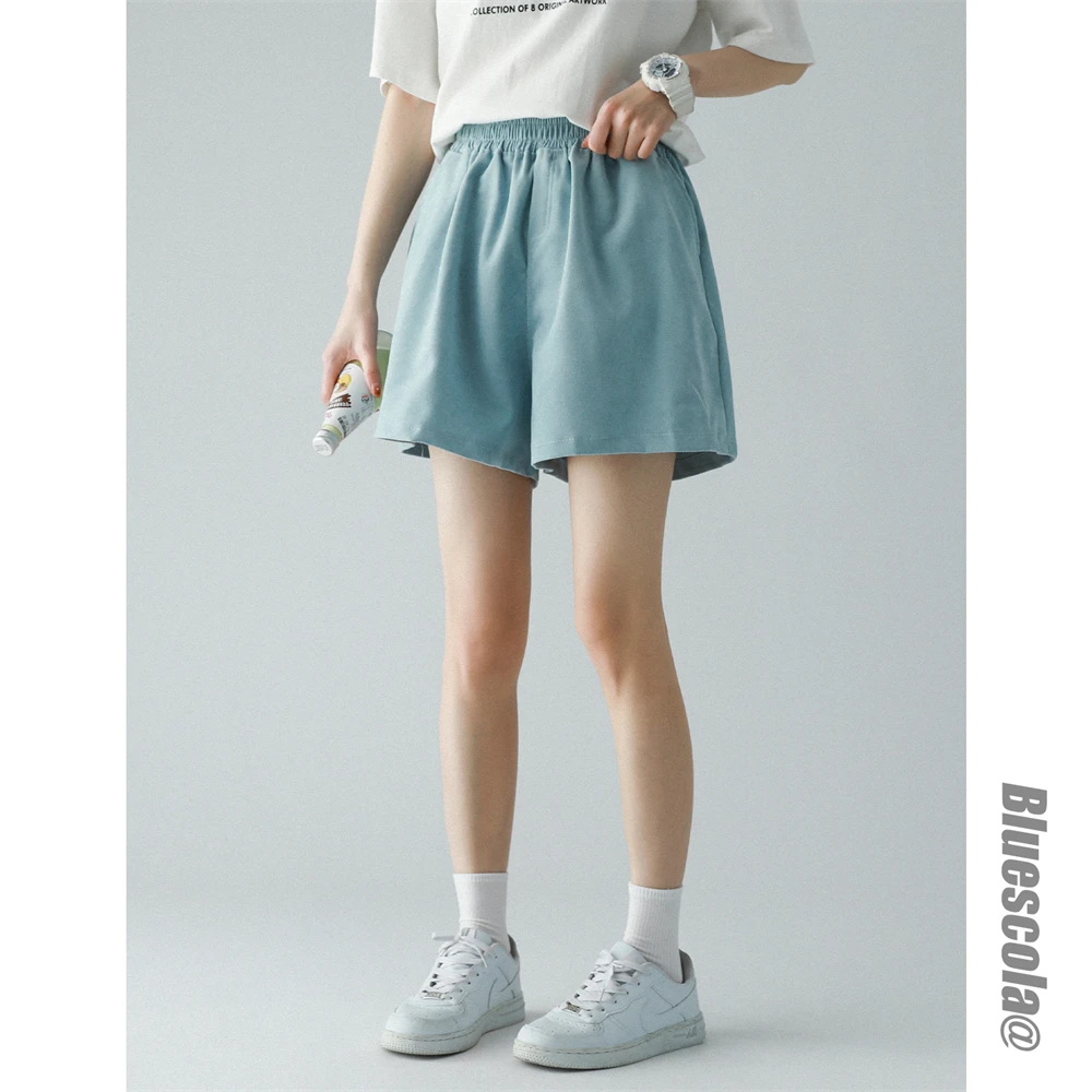 Solid Elastic Waist Basic Casual Sports Shorts Women's Ins Fashion Loose Versatile High Waist Student Wide Leg Pants Summer