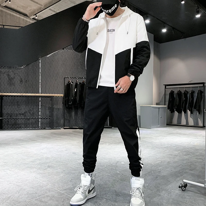 Dropship Patchwork Set Pria Kasual Hip Hop 2023 Gaya Korea 2 Potong Set Pakaian Pria Streetwear Olahraga Kebugaran Pria Clothing
