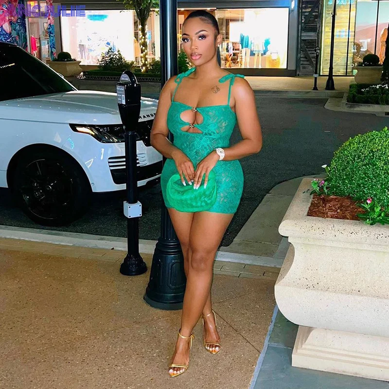 

Angjulie Lace Mini Dress Summer Sexy Outfits For Woman Cut Out Spaghetti Strap Cleavage Embroidery Mini Robe Midnight Party Wear