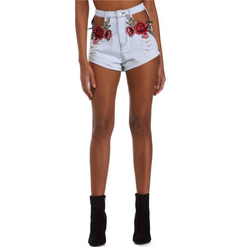 Women's Summer Low Waist Denim Sexy Hollow Rose Embroidery Solid Color Shorts Loose All-Match Streetwear Europe and American